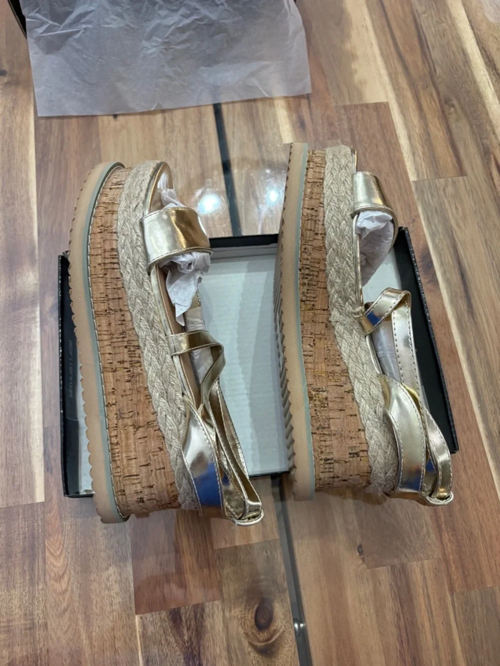 NIB Sz 7 Gold Metallic Espadrille Lace-Up Platform Sandals Wedges Shoes Shiny
